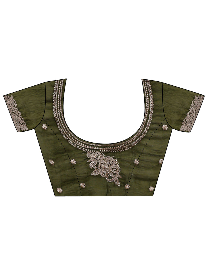 Green Embellished Tissue Saree With Unstitched Blouse Piece
