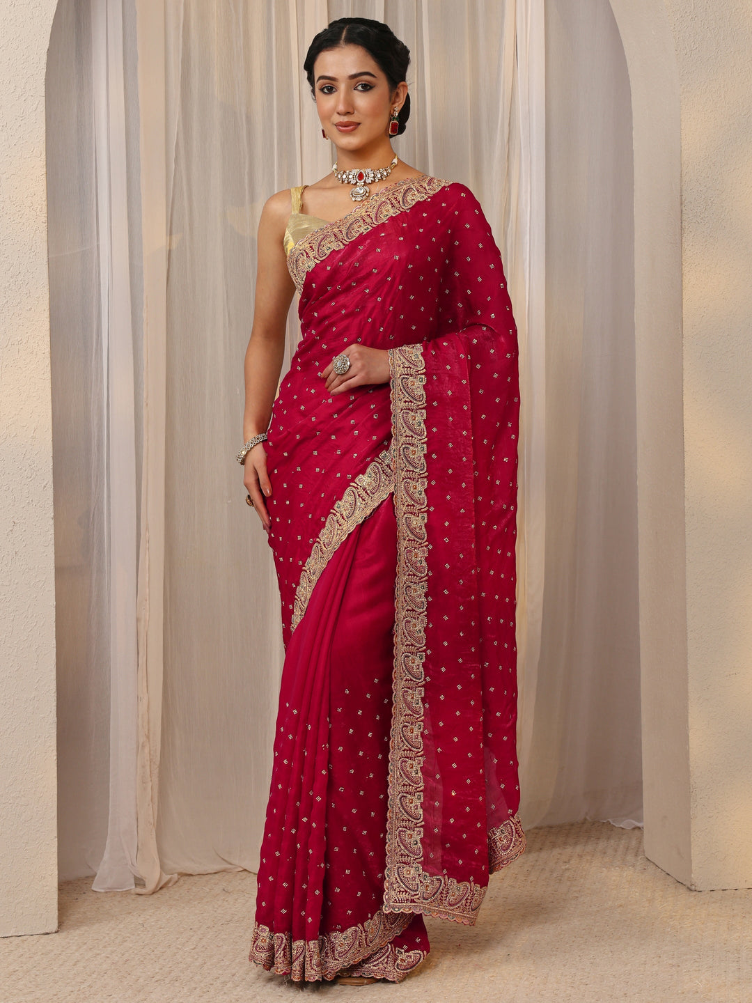 Libas Red Embellished Tissue Saree With Unstitched Blouse Piece