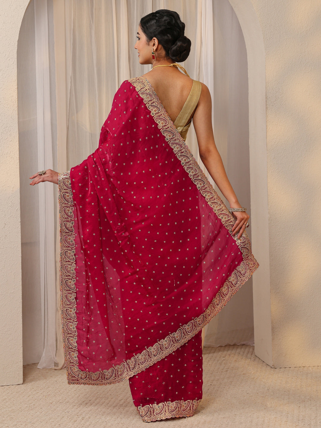 Libas Red Embellished Tissue Saree With Unstitched Blouse Piece