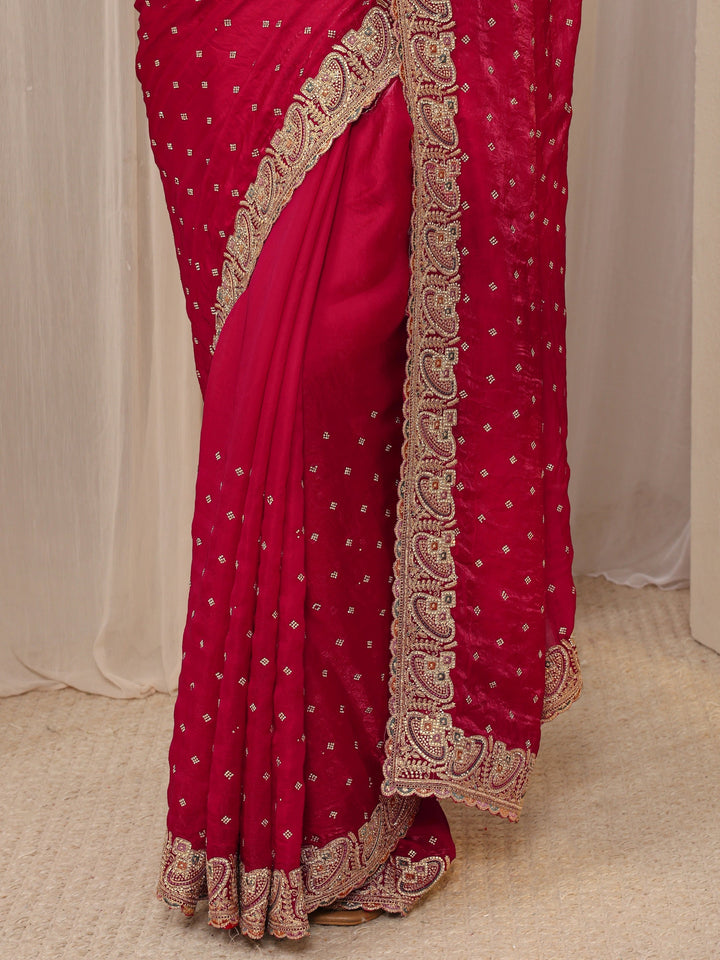 Libas Red Embellished Tissue Saree With Unstitched Blouse Piece