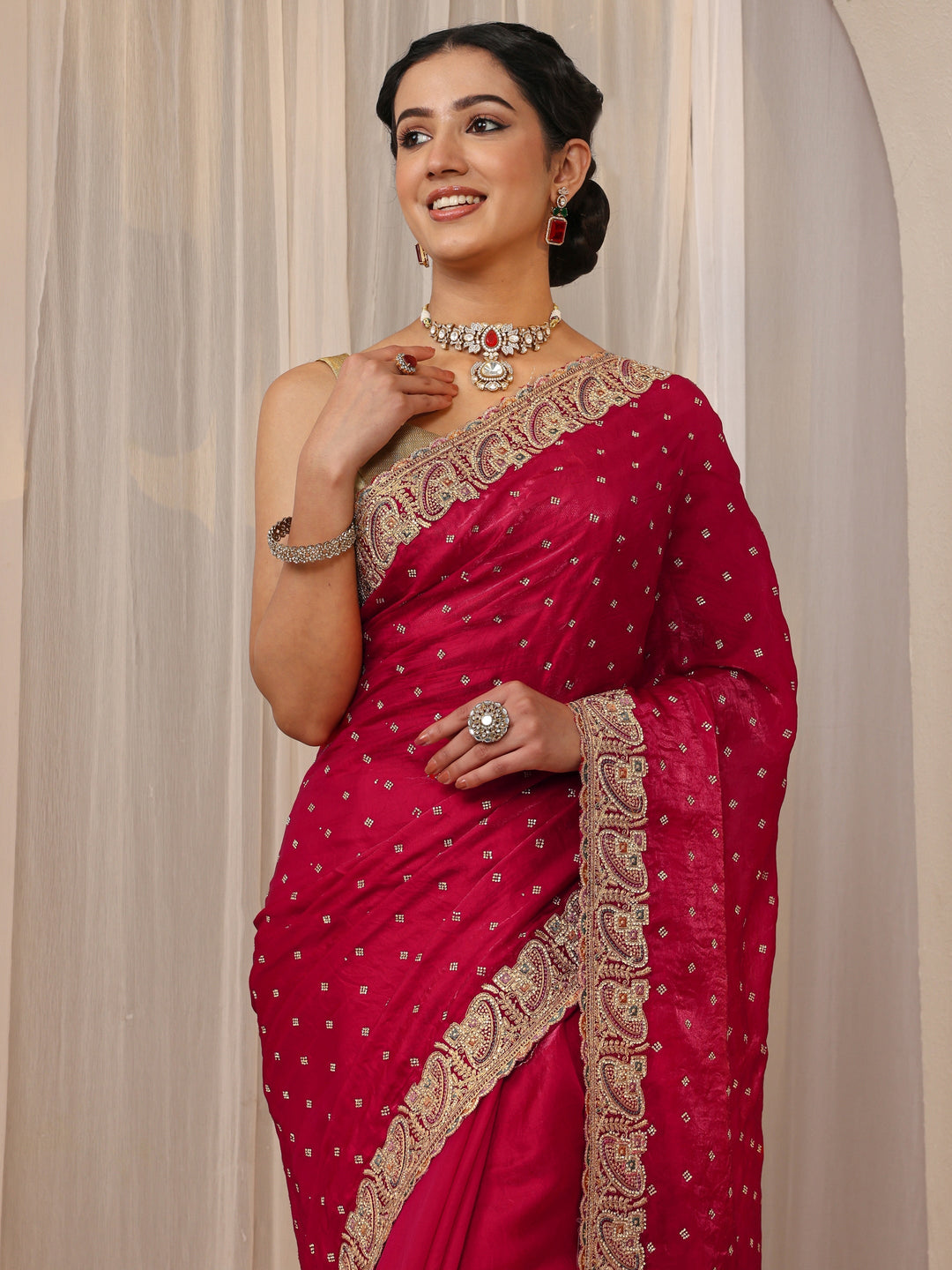 Libas Red Embellished Tissue Saree With Unstitched Blouse Piece