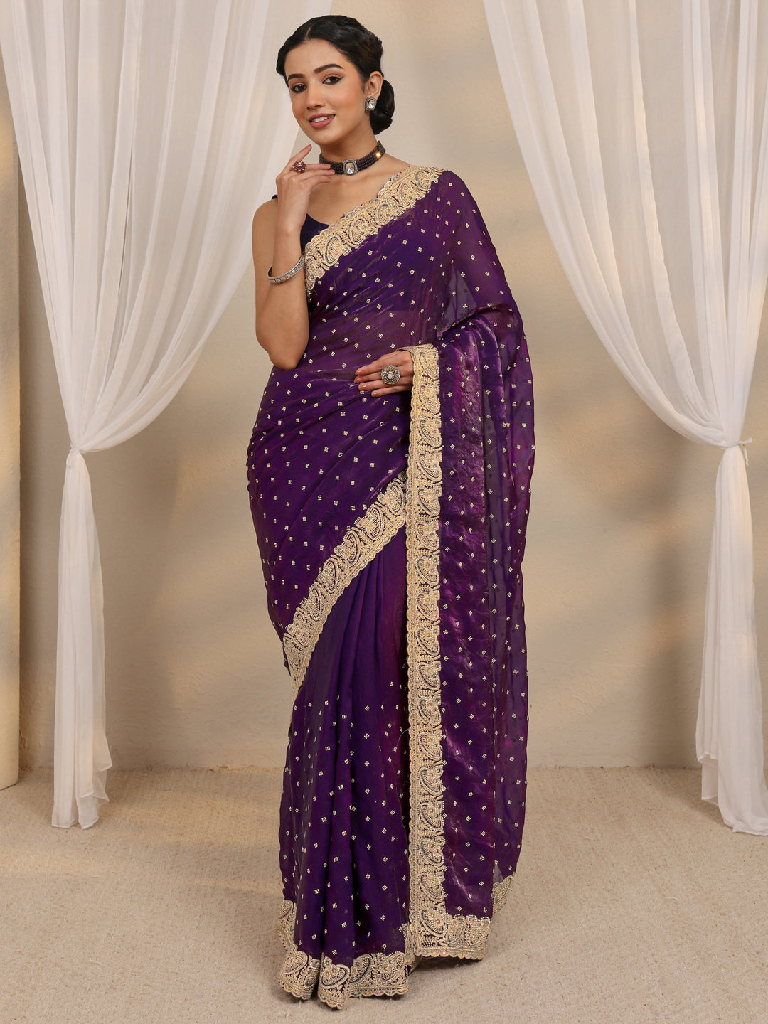 Purple Embellished Tissue Saree With Unstitched Blouse Piece