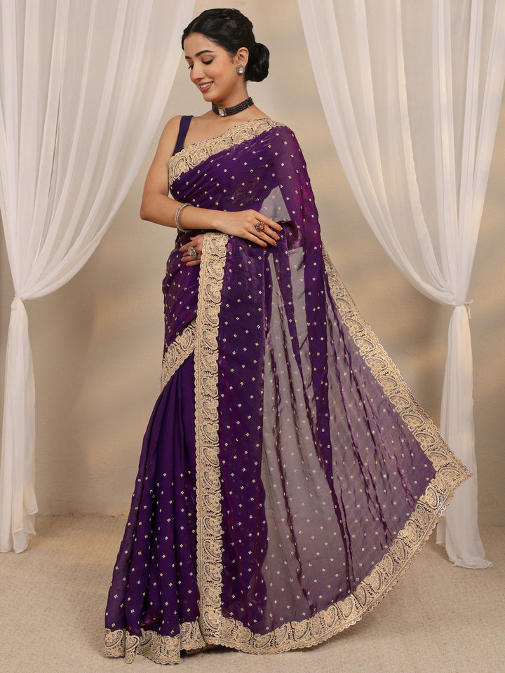 Purple Embellished Tissue Saree With Unstitched Blouse Piece