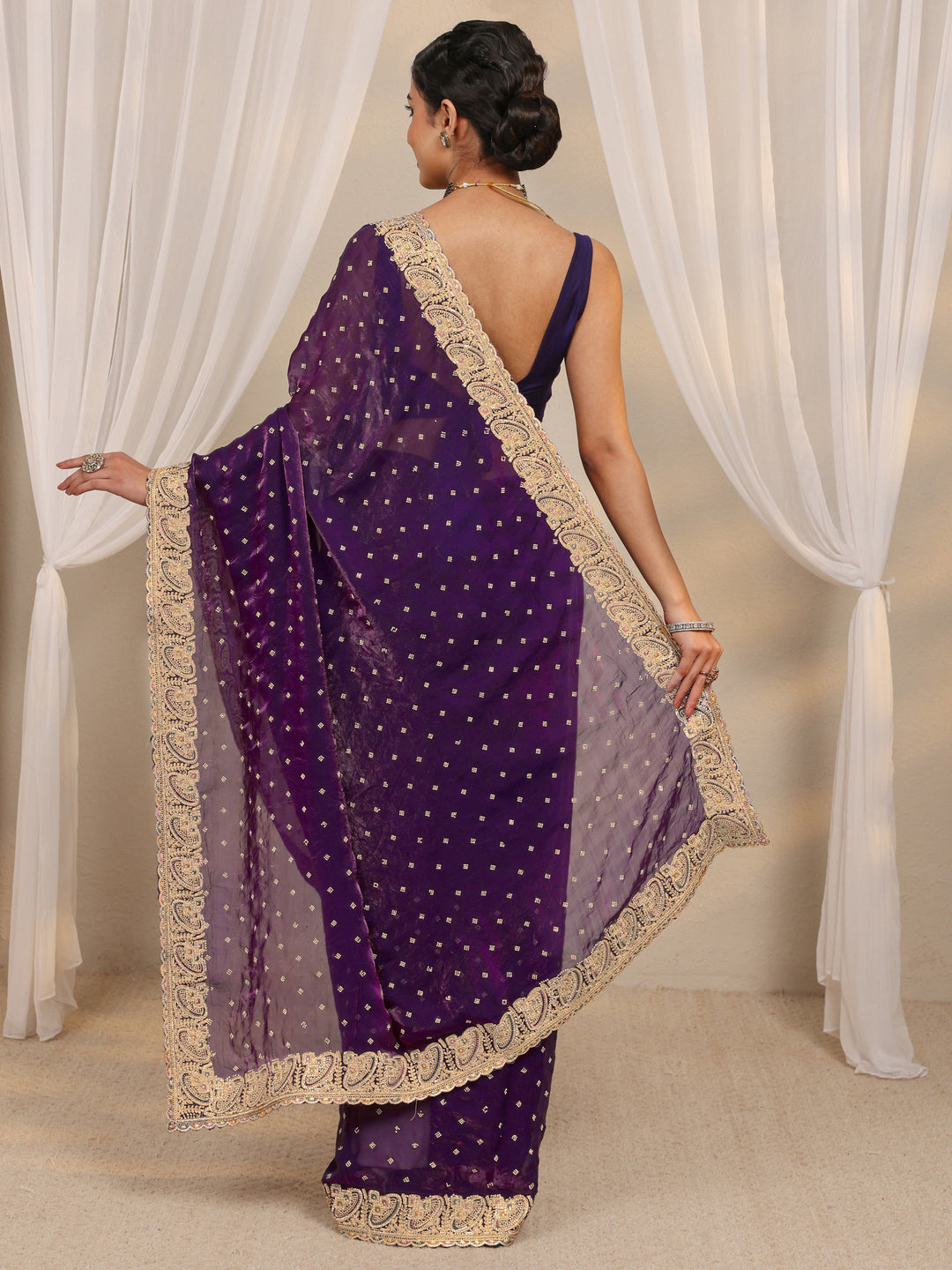 Purple Embellished Tissue Saree With Unstitched Blouse Piece