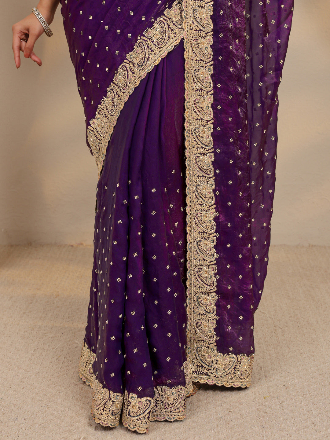Purple Embellished Tissue Saree With Unstitched Blouse Piece