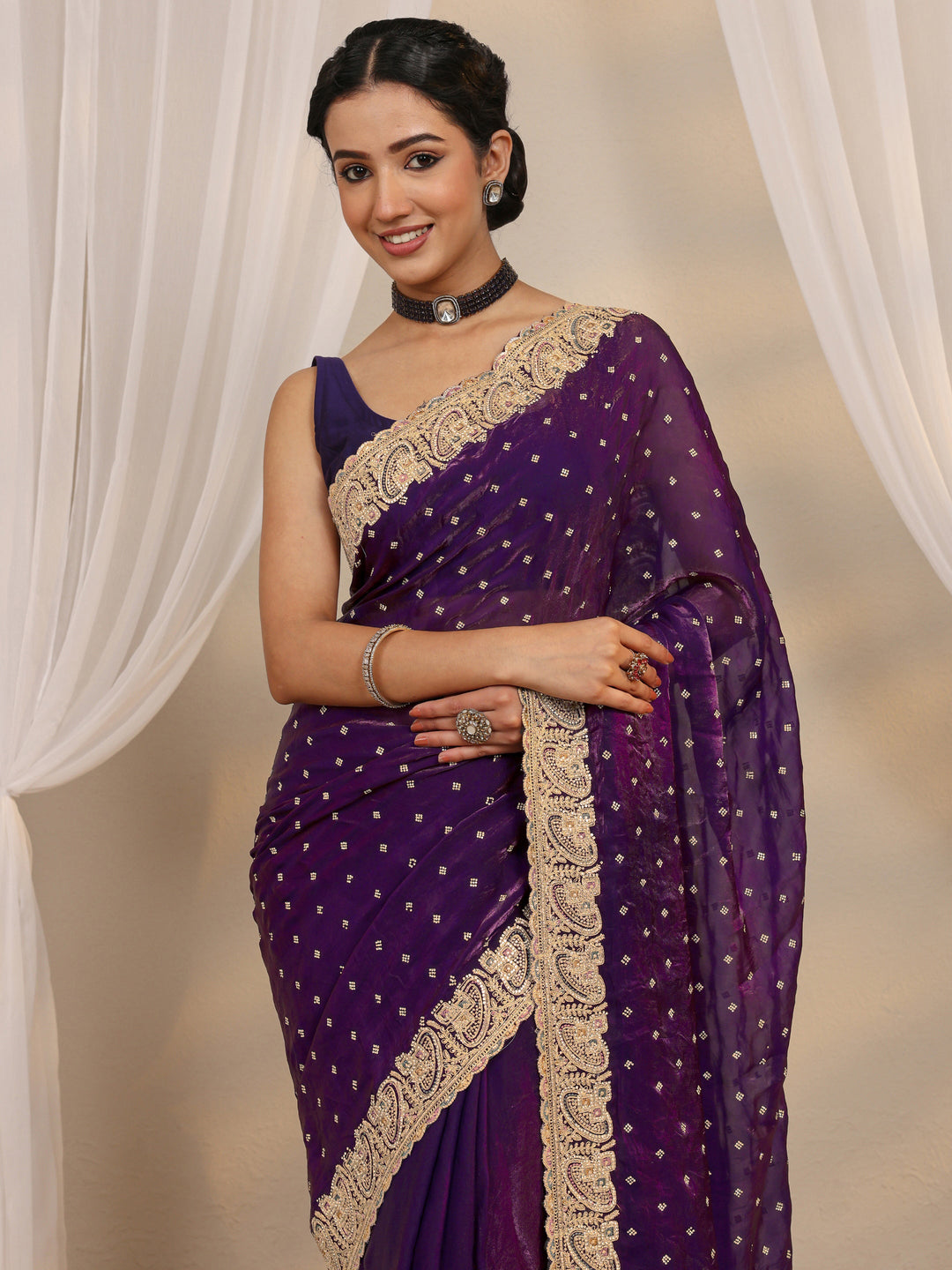 Purple Embellished Tissue Saree With Unstitched Blouse Piece