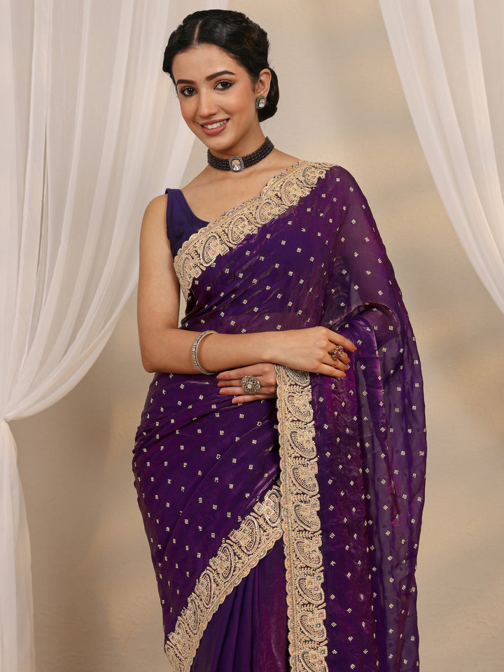 Purple Embellished Tissue Saree With Unstitched Blouse Piece