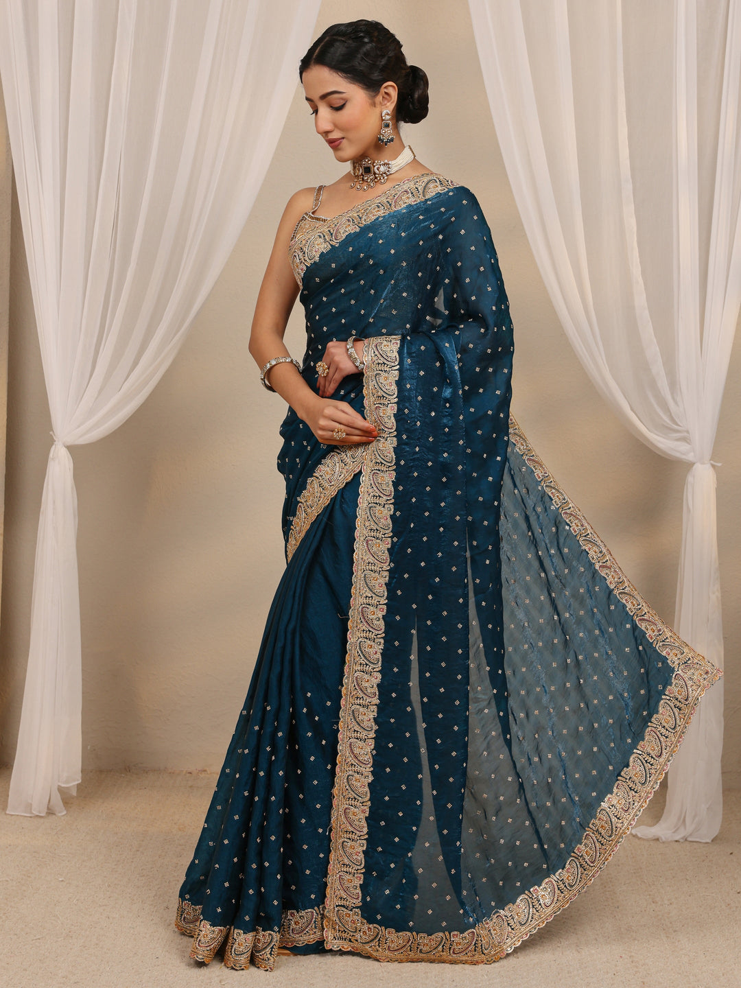 Teal Embellished Tissue Saree With Unstitched Blouse Piece