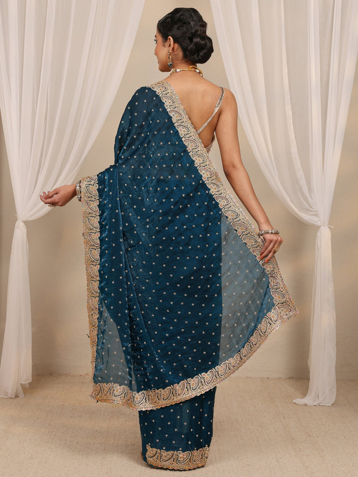 Teal Embellished Tissue Saree With Unstitched Blouse Piece
