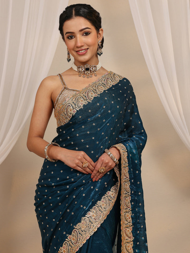 Teal Embellished Tissue Saree With Unstitched Blouse Piece