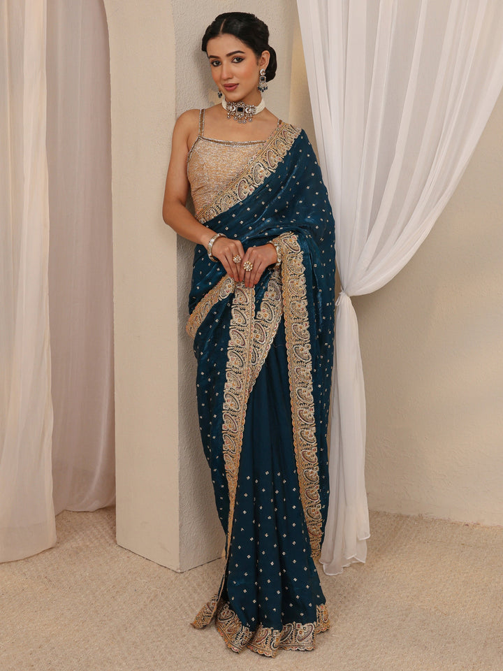 Teal Embellished Tissue Saree With Unstitched Blouse Piece