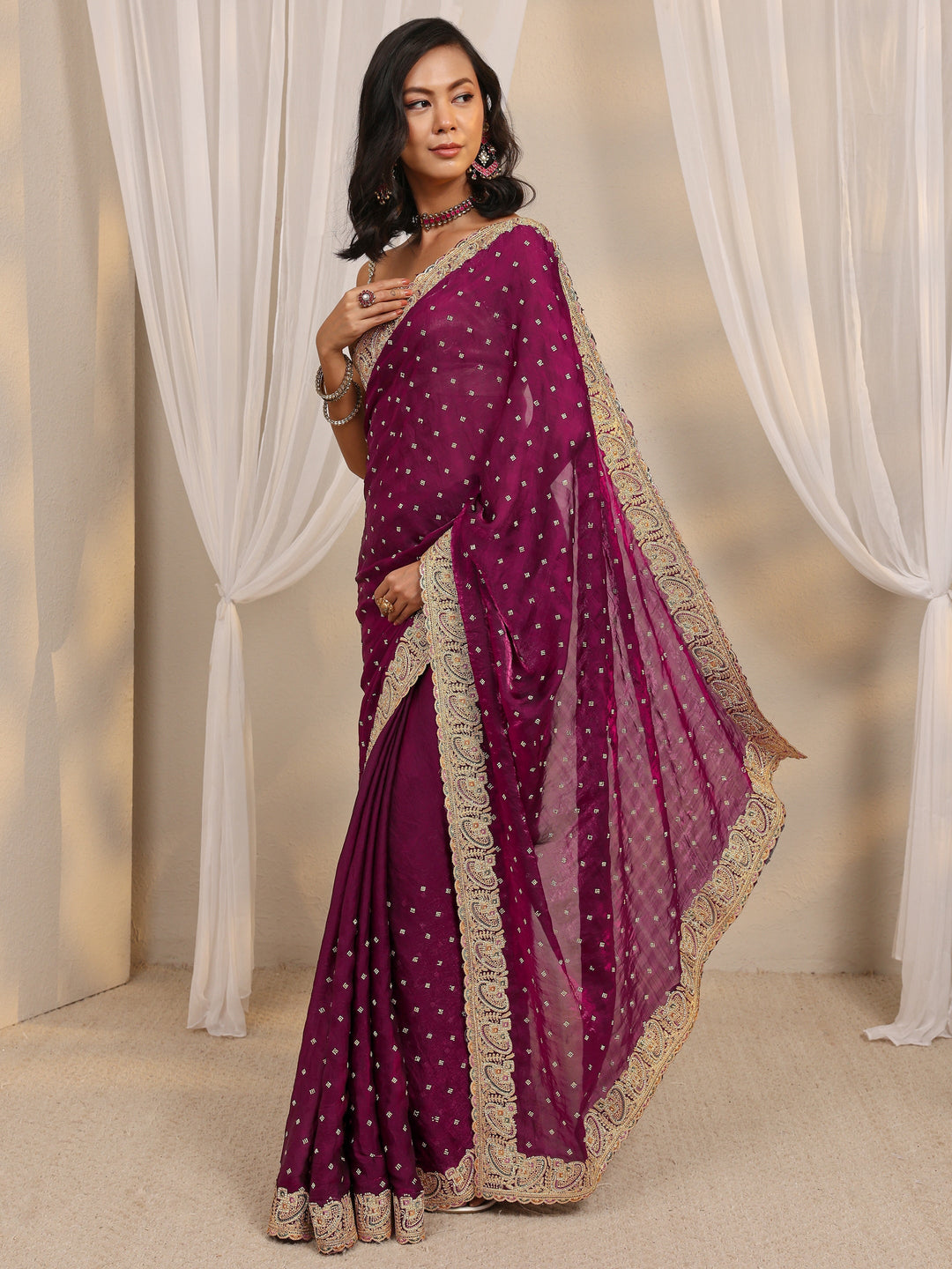 Wine Embellished Tissue Saree With Unstitched Blouse Piece