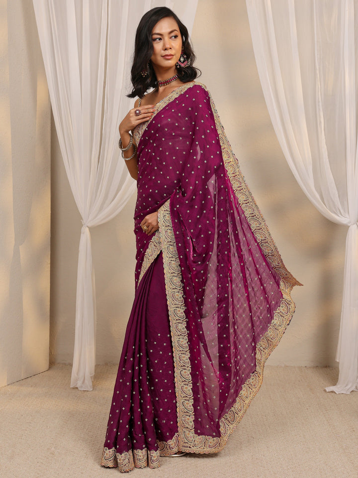 Wine Embellished Tissue Saree With Unstitched Blouse Piece