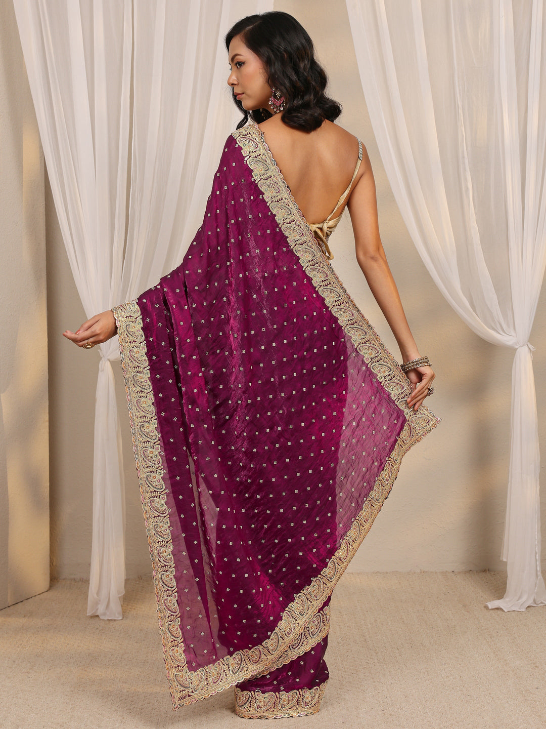 Wine Embellished Tissue Saree With Unstitched Blouse Piece