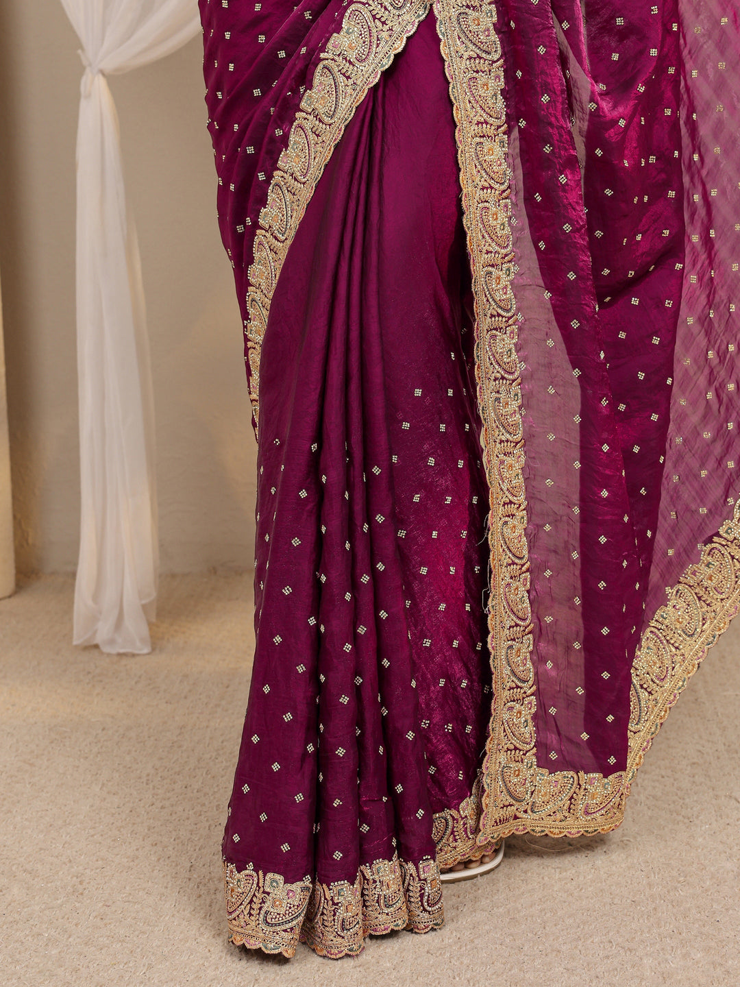 Wine Embellished Tissue Saree With Unstitched Blouse Piece