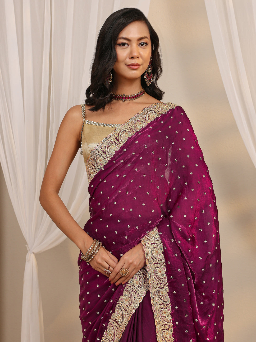 Wine Embellished Tissue Saree With Unstitched Blouse Piece