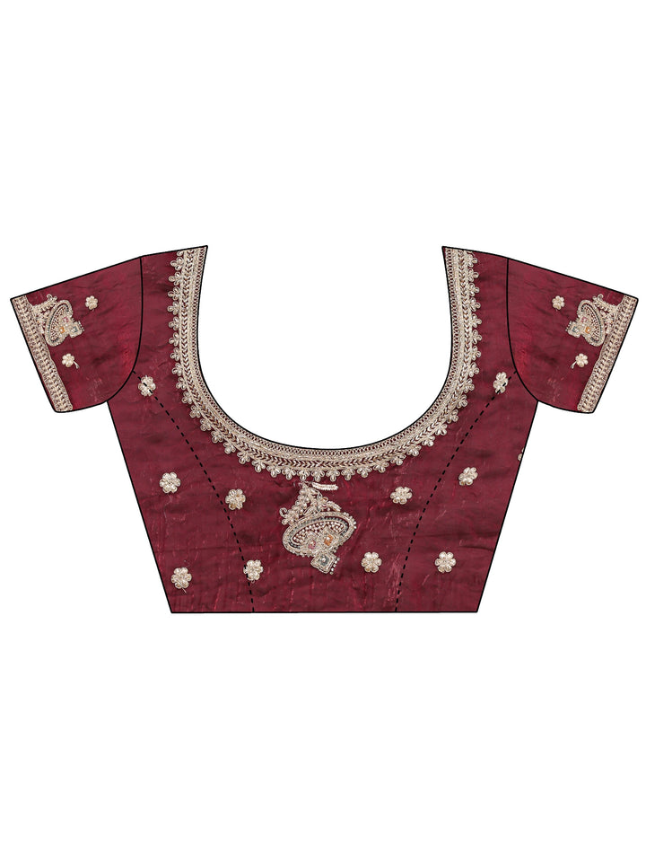 Wine Embellished Tissue Saree With Unstitched Blouse Piece