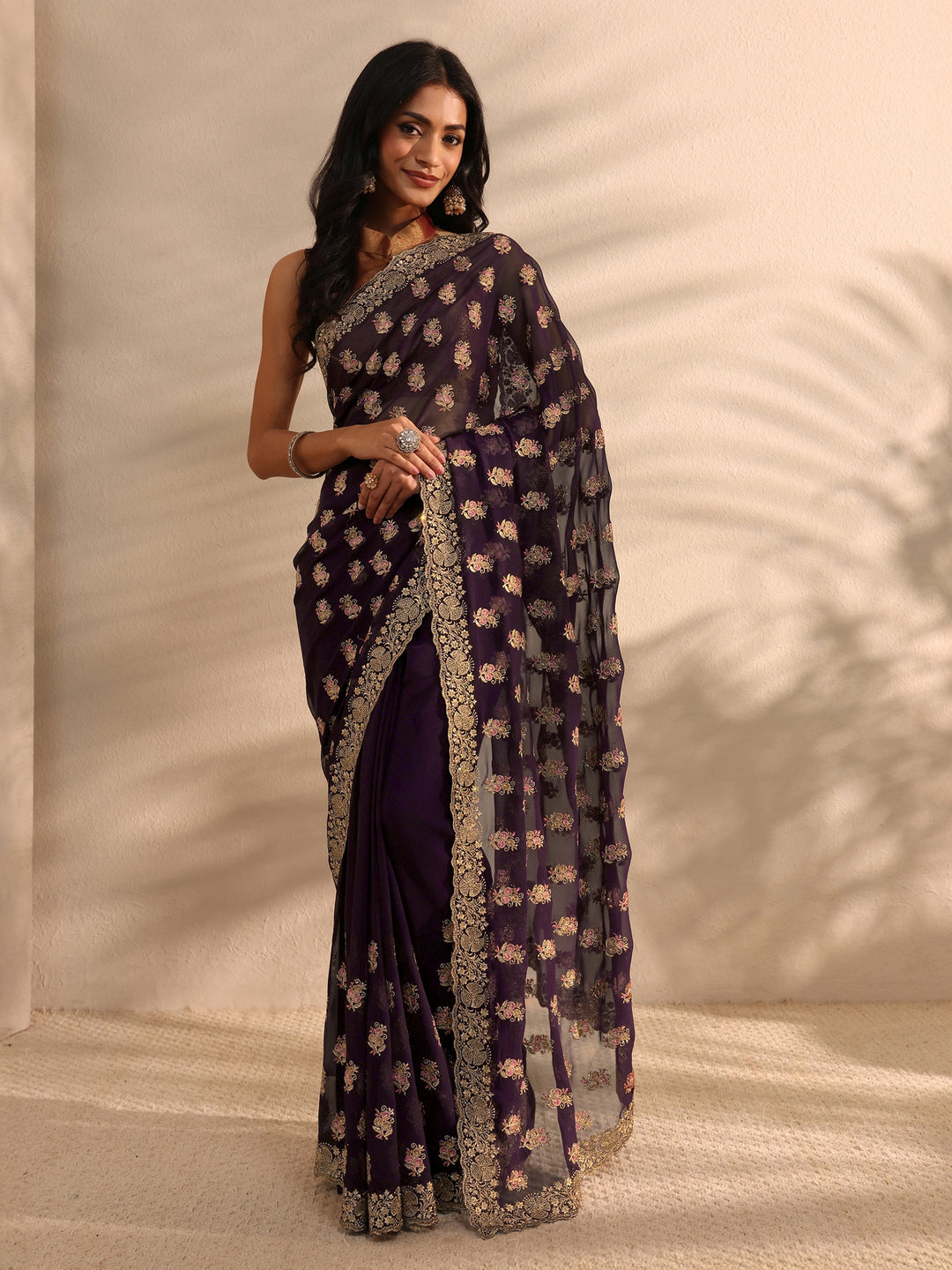 Purple Embellished Georgette Saree With Unstitched Blouse Piece