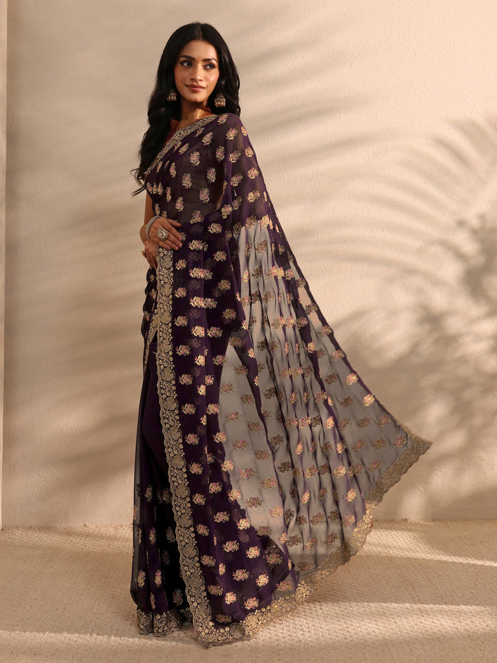Purple Embellished Georgette Saree With Unstitched Blouse Piece