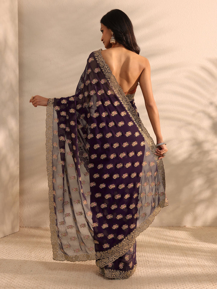 Purple Embellished Georgette Saree With Unstitched Blouse Piece