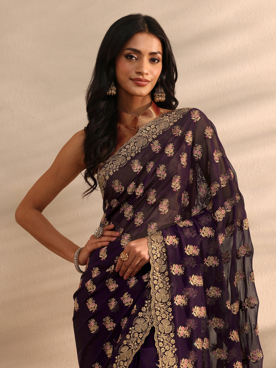Purple Embellished Georgette Saree With Unstitched Blouse Piece