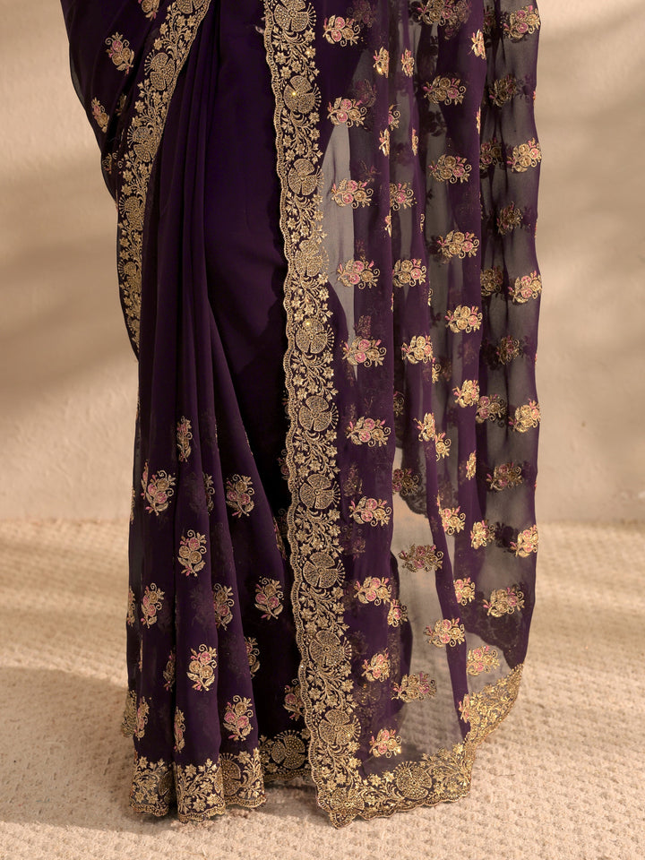 Purple Embellished Georgette Saree With Unstitched Blouse Piece