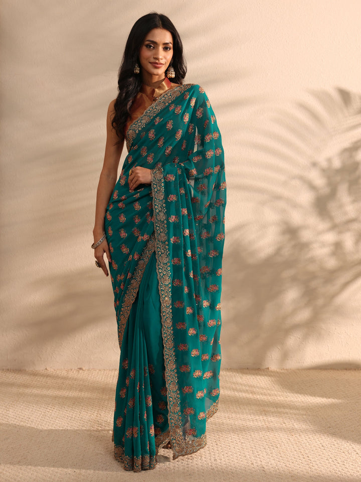 Green Embellished Georgette Saree With Unstitched Blouse Piece