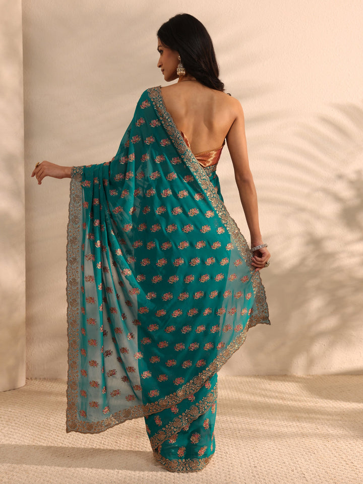Green Embellished Georgette Saree With Unstitched Blouse Piece