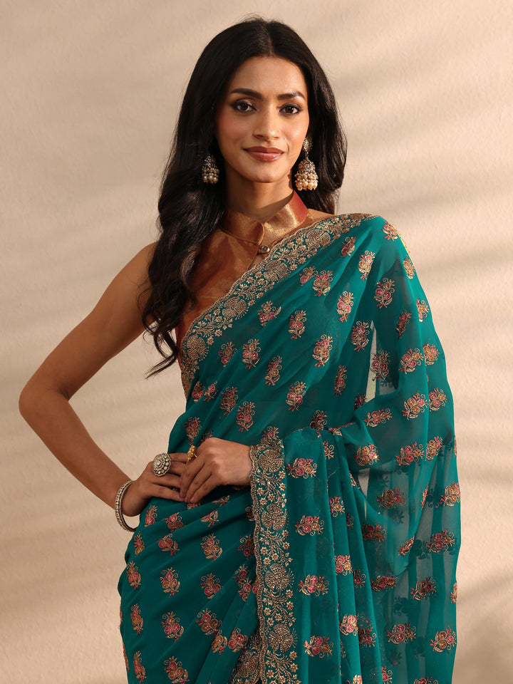 Green Embellished Georgette Saree With Unstitched Blouse Piece
