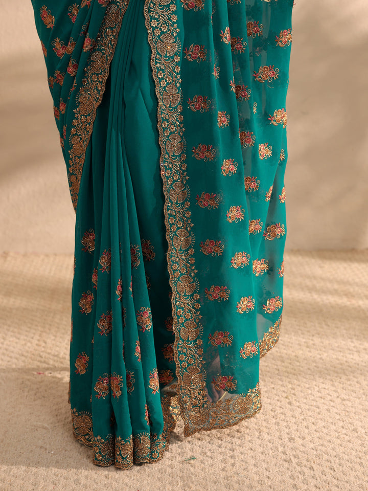 Green Embellished Georgette Saree With Unstitched Blouse Piece