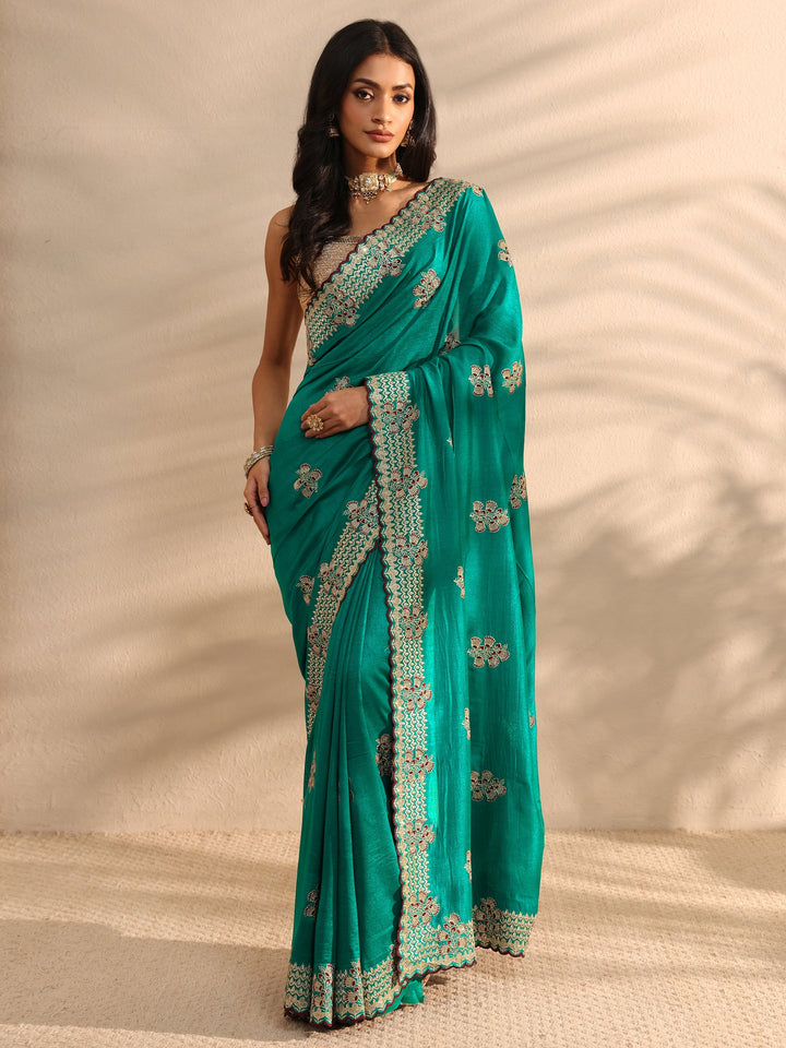 Green Embellished Silk Blend Saree 
With Unstitched Blouse Piece