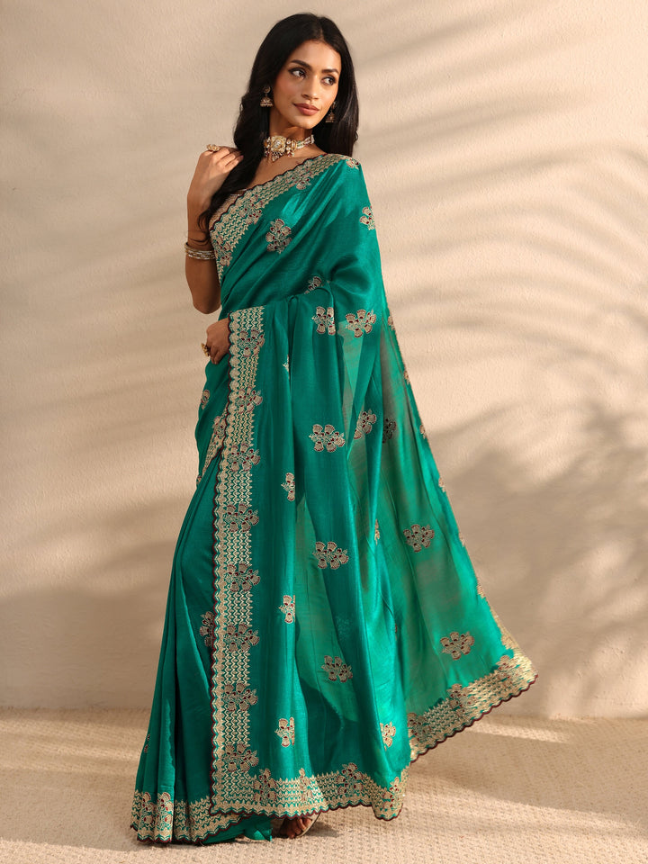 Green Embellished Silk Blend Saree 
With Unstitched Blouse Piece