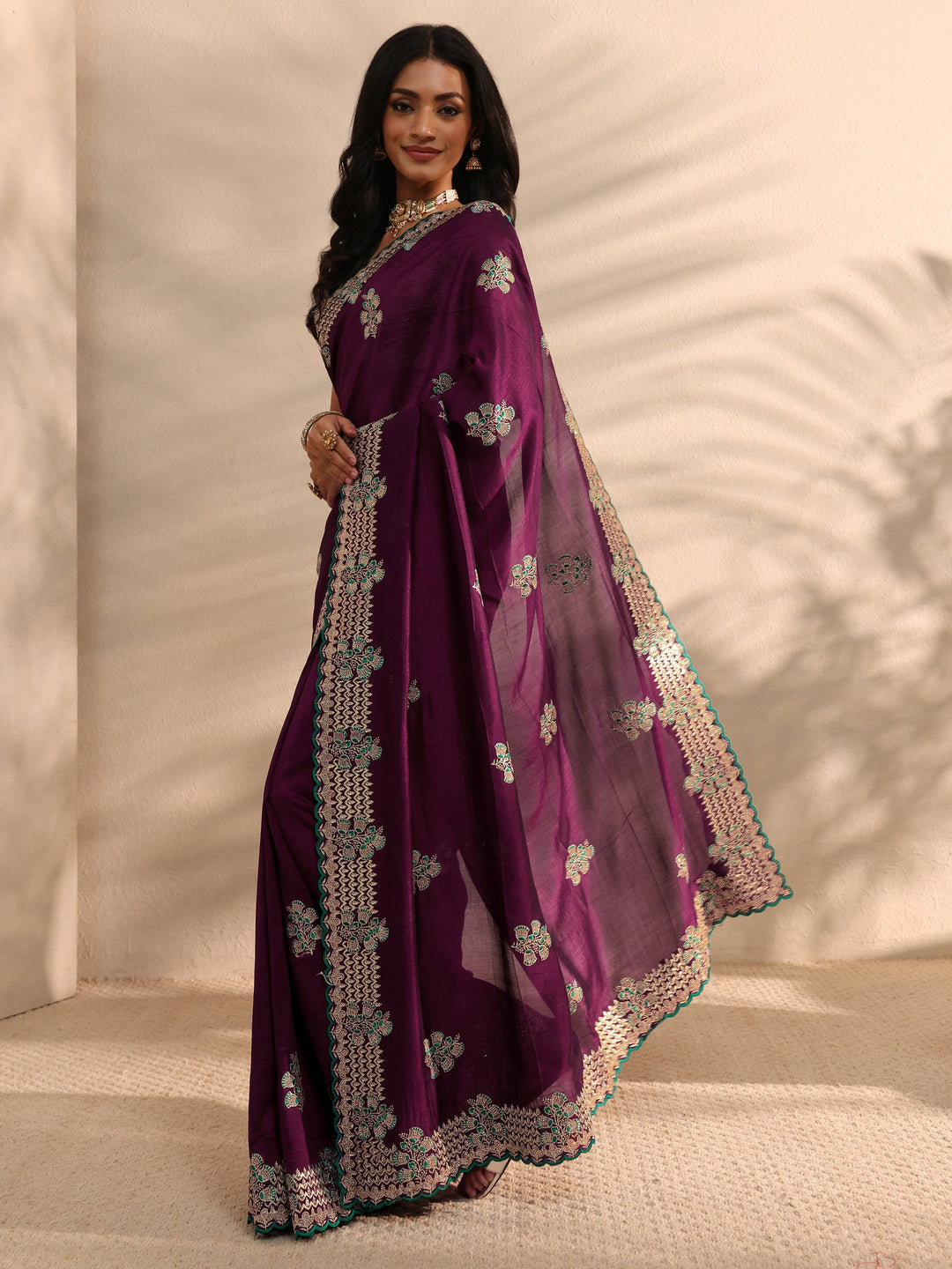 Burgundy Embellished Silk Blend Saree 
With Unstitched Blouse Piece