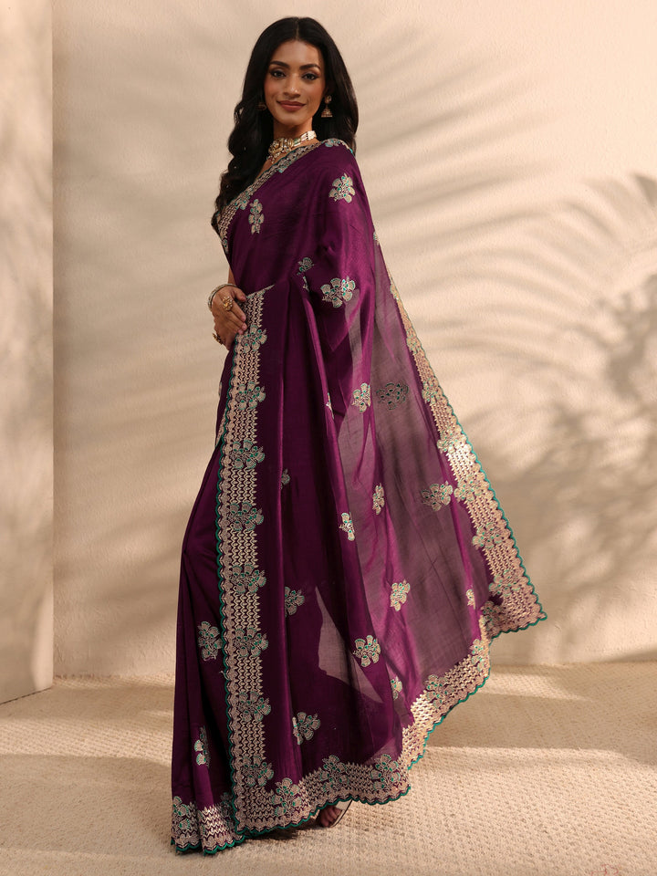 Burgundy Embellished Silk Blend Saree 
With Unstitched Blouse Piece