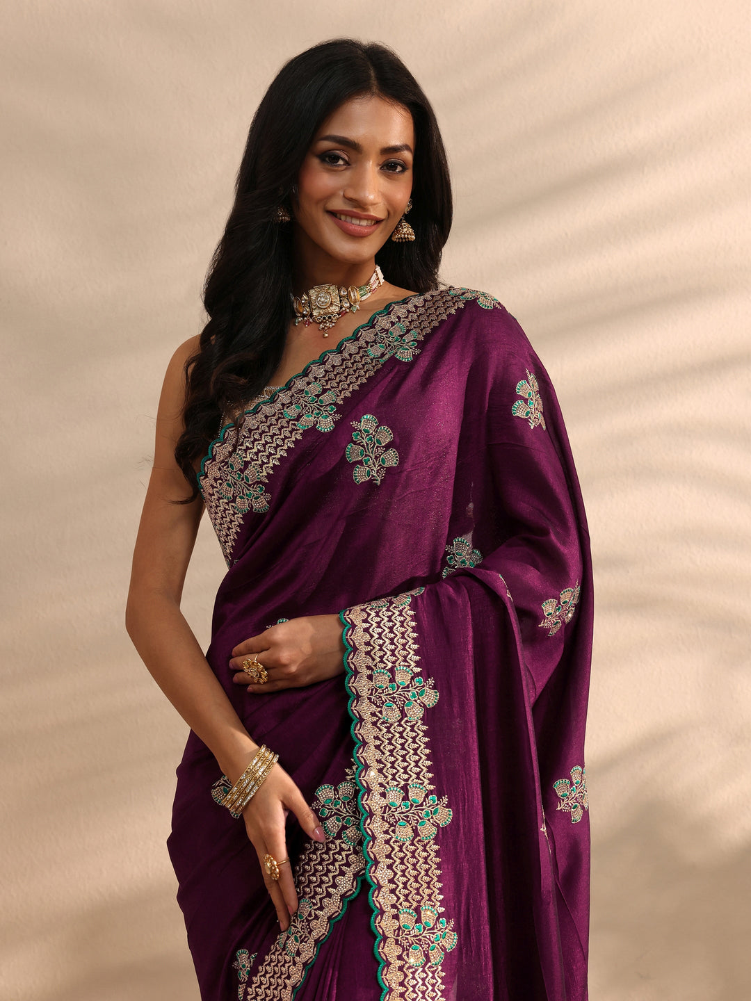 Burgundy Embellished Silk Blend Saree 
With Unstitched Blouse Piece