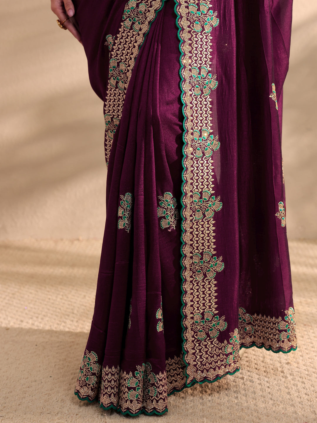 Burgundy Embellished Silk Blend Saree 
With Unstitched Blouse Piece