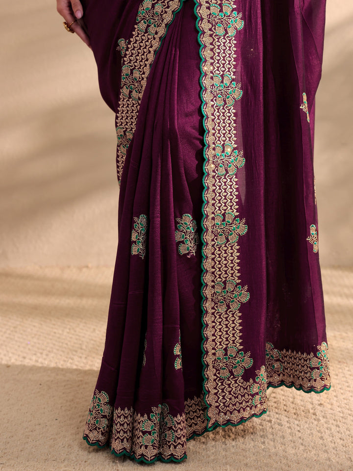 Burgundy Embellished Silk Blend Saree 
With Unstitched Blouse Piece