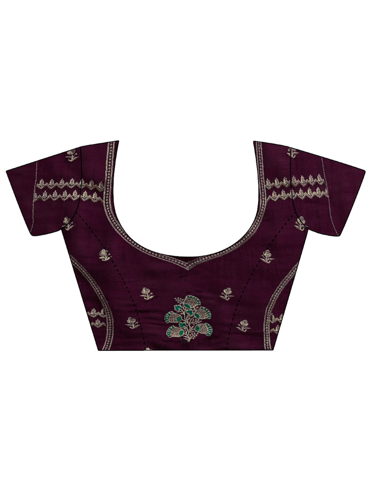 Burgundy Embellished Silk Blend Saree 
With Unstitched Blouse Piece