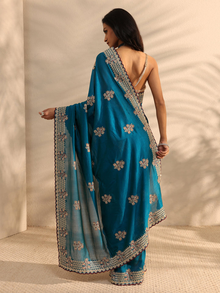 Blue Floral Embellished Silk Blend Saree 
With Unstitched Blouse Piece