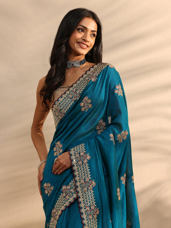 Blue Floral Embellished Silk Blend Saree 
With Unstitched Blouse Piece