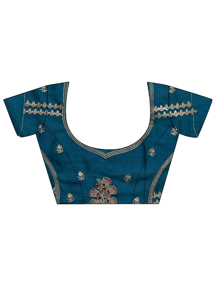 Blue Floral Embellished Silk Blend Saree 
With Unstitched Blouse Piece