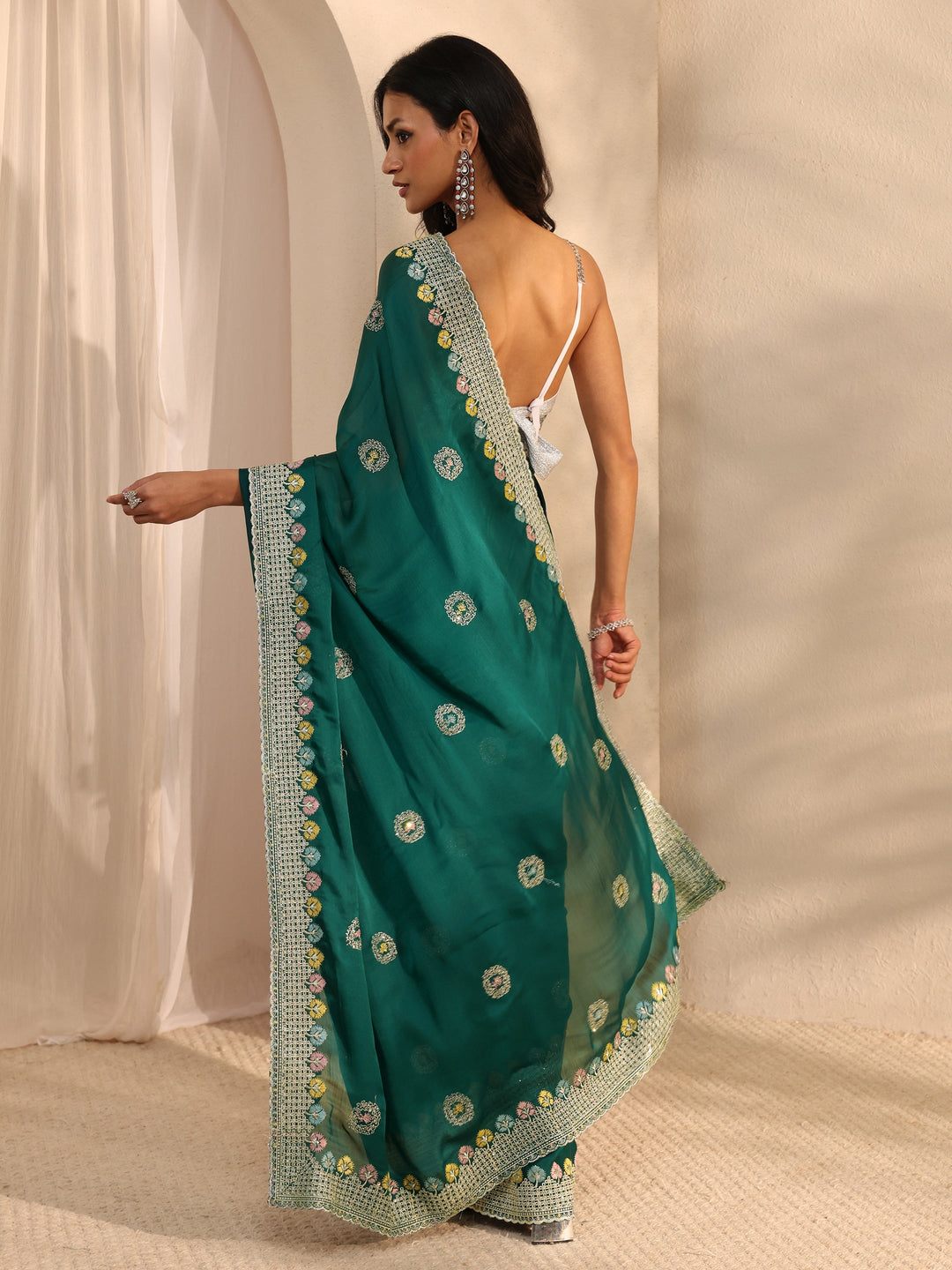 Green Embellished Satin Saree With Unstitched Blouse Piece