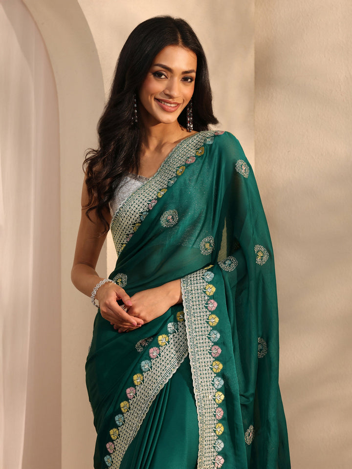 Green Embellished Satin Saree With Unstitched Blouse Piece