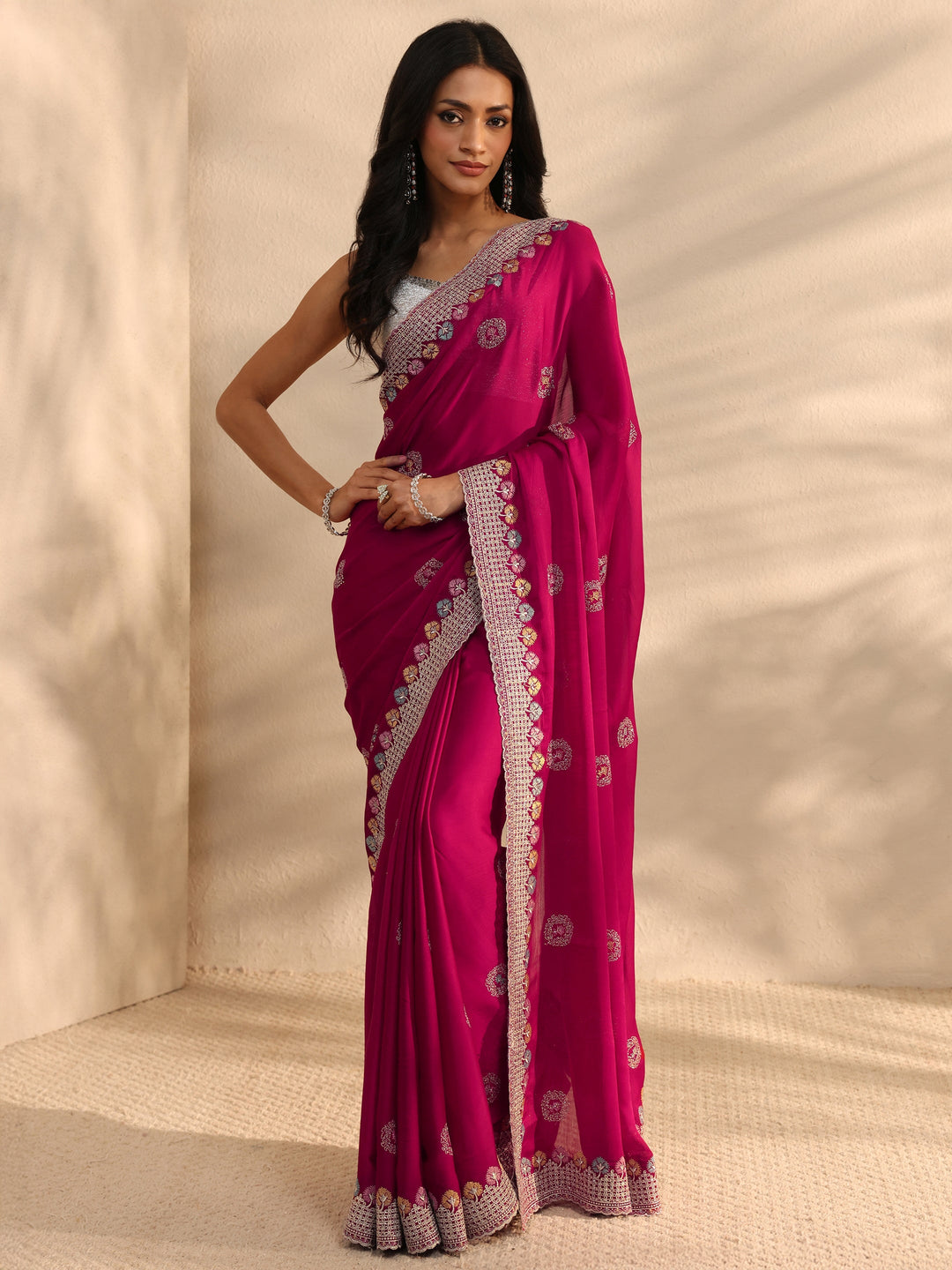 Pink Embellished Satin Saree With Unstitched Blouse Piece
