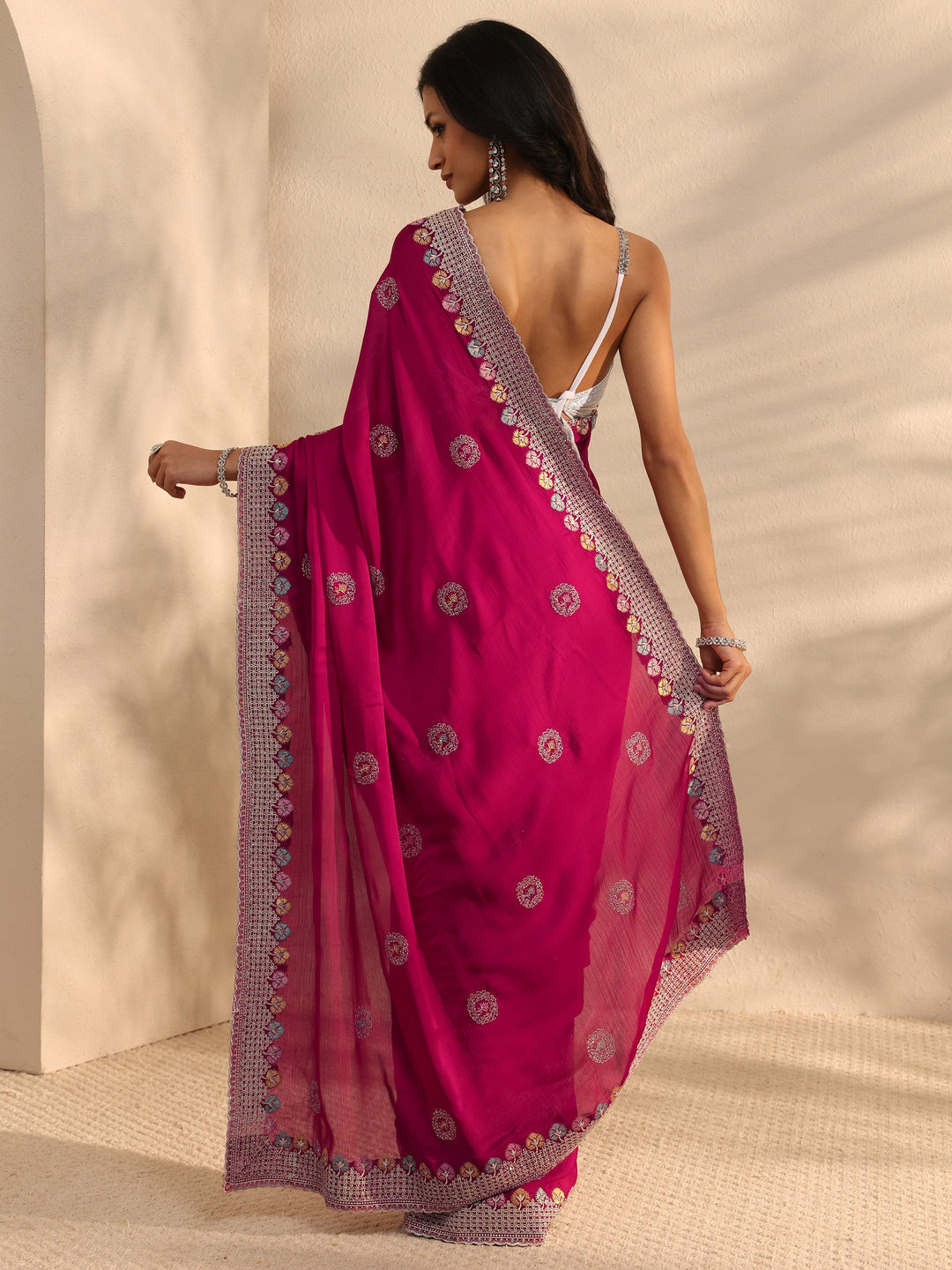 Pink Embellished Satin Saree With Unstitched Blouse Piece