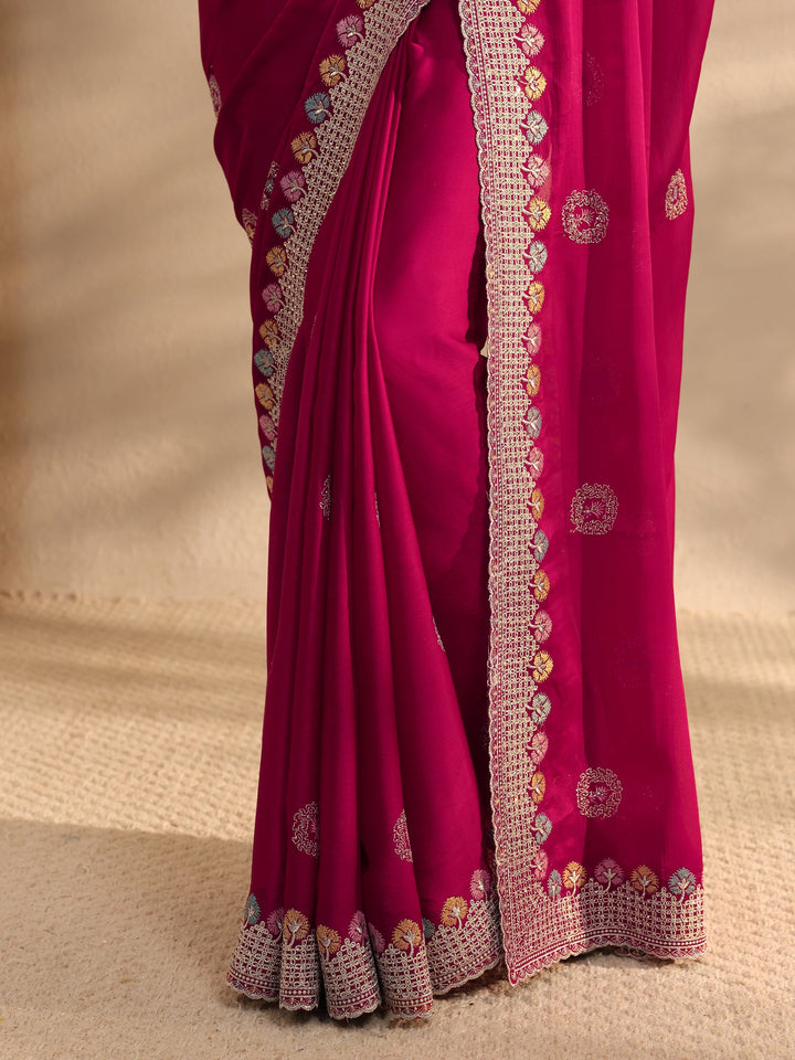Pink Embellished Satin Saree With Unstitched Blouse Piece