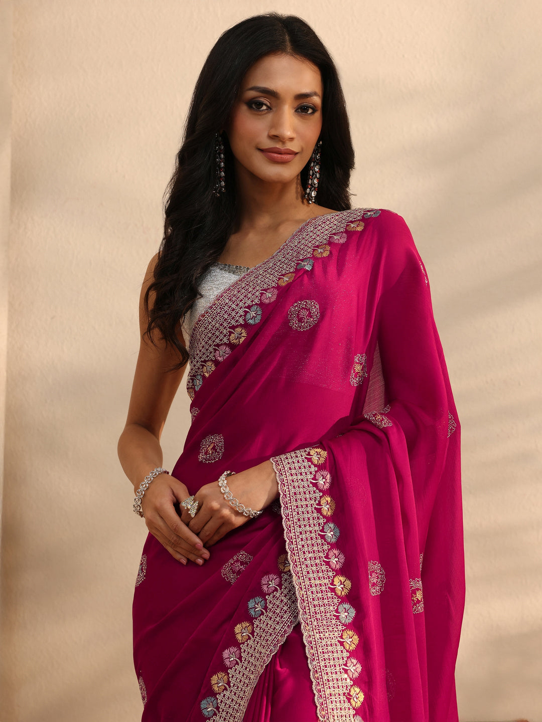 Pink Embellished Satin Saree With Unstitched Blouse Piece