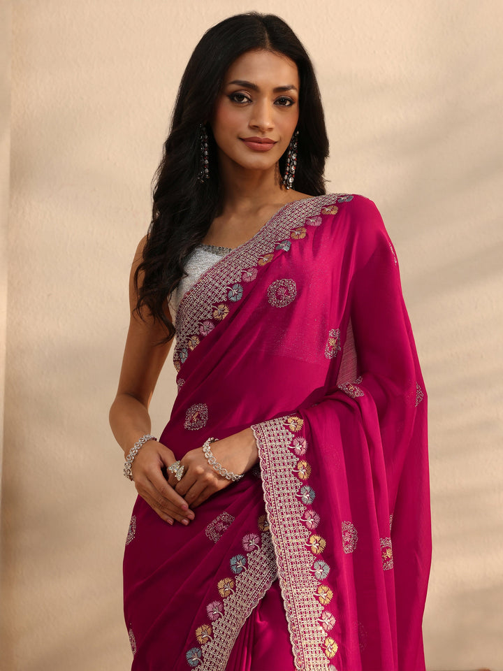 Pink Embellished Satin Saree With Unstitched Blouse Piece