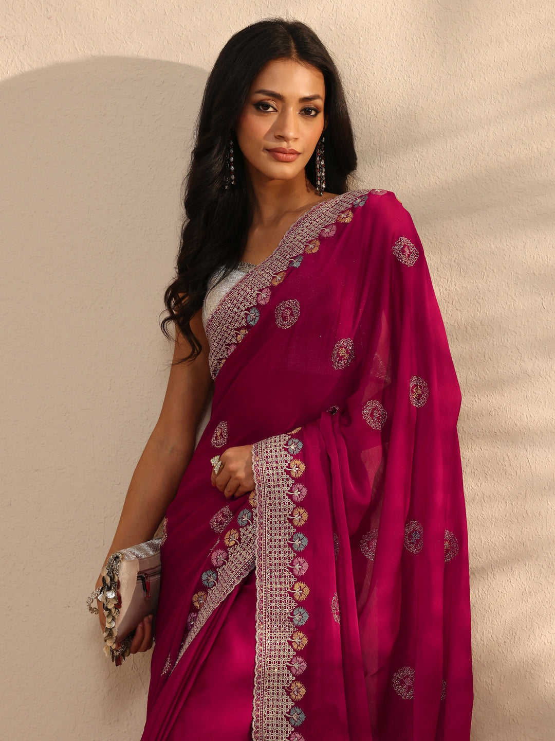 Pink Embellished Satin Saree With Unstitched Blouse Piece