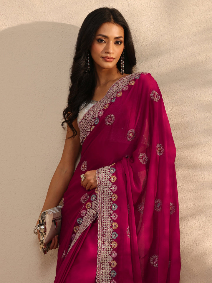 Pink Embellished Satin Saree With Unstitched Blouse Piece